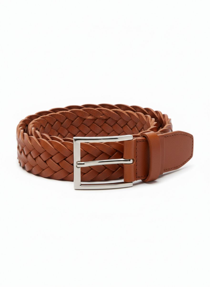Braided Calfskin Leather Belt - Chestnut